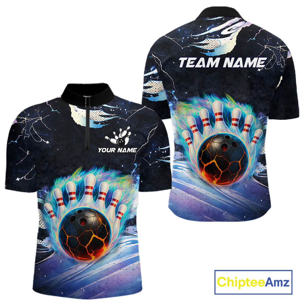 Blue hologram flame Bowling polo, 1/4 zip Shirts for Men Custom Bowling Team jerseys NQS11295