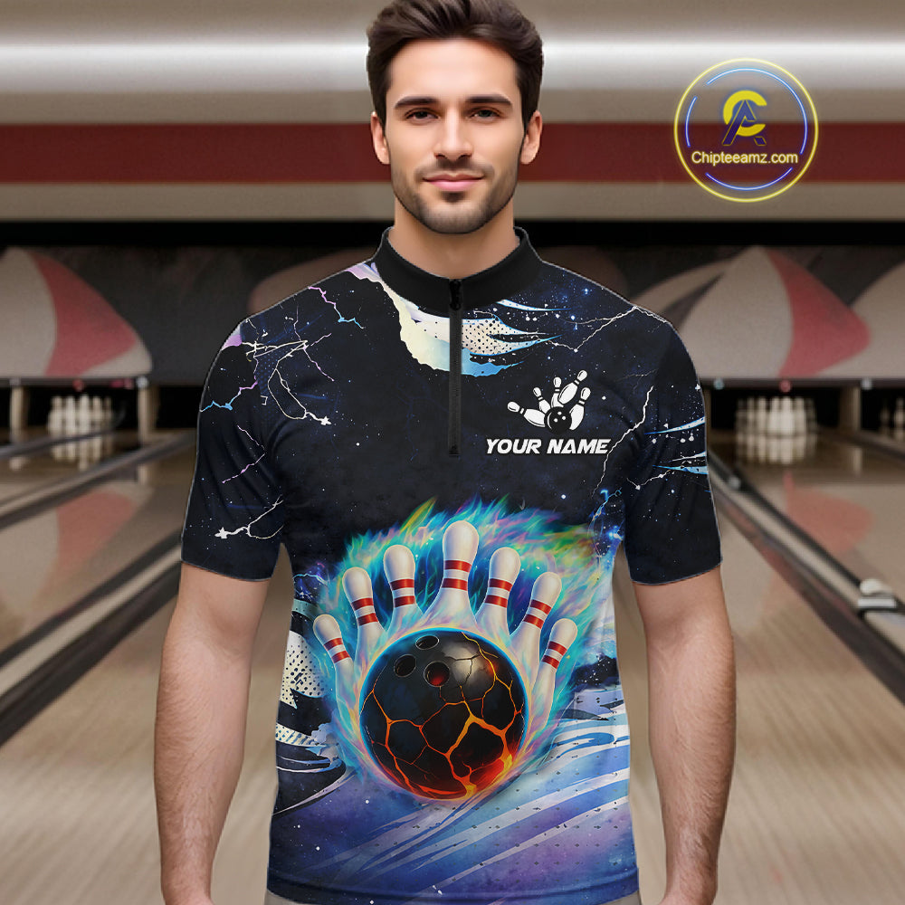 Blue hologram flame Bowling polo, 1/4 zip Shirts for Men Custom Bowling Team jerseys NQS11295