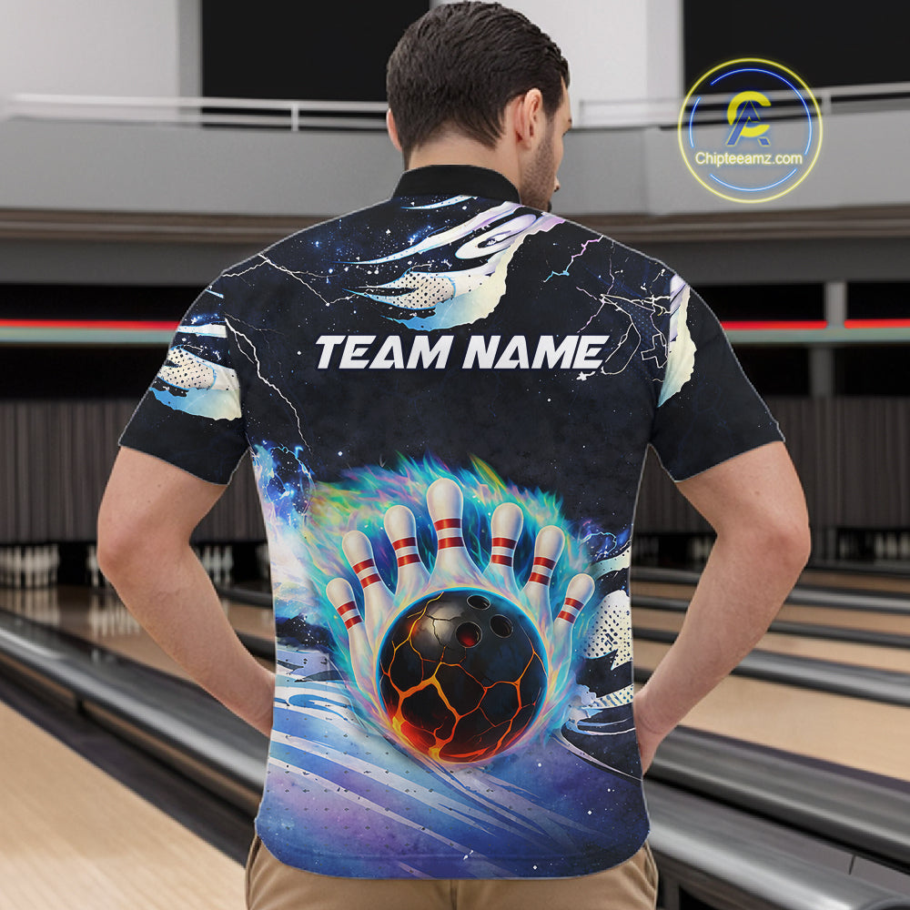 Blue hologram flame Bowling polo, 1/4 zip Shirts for Men Custom Bowling Team jerseys NQS11295