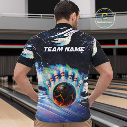 Blue hologram flame Bowling polo, 1/4 zip Shirts for Men Custom Bowling Team jerseys NQS11295