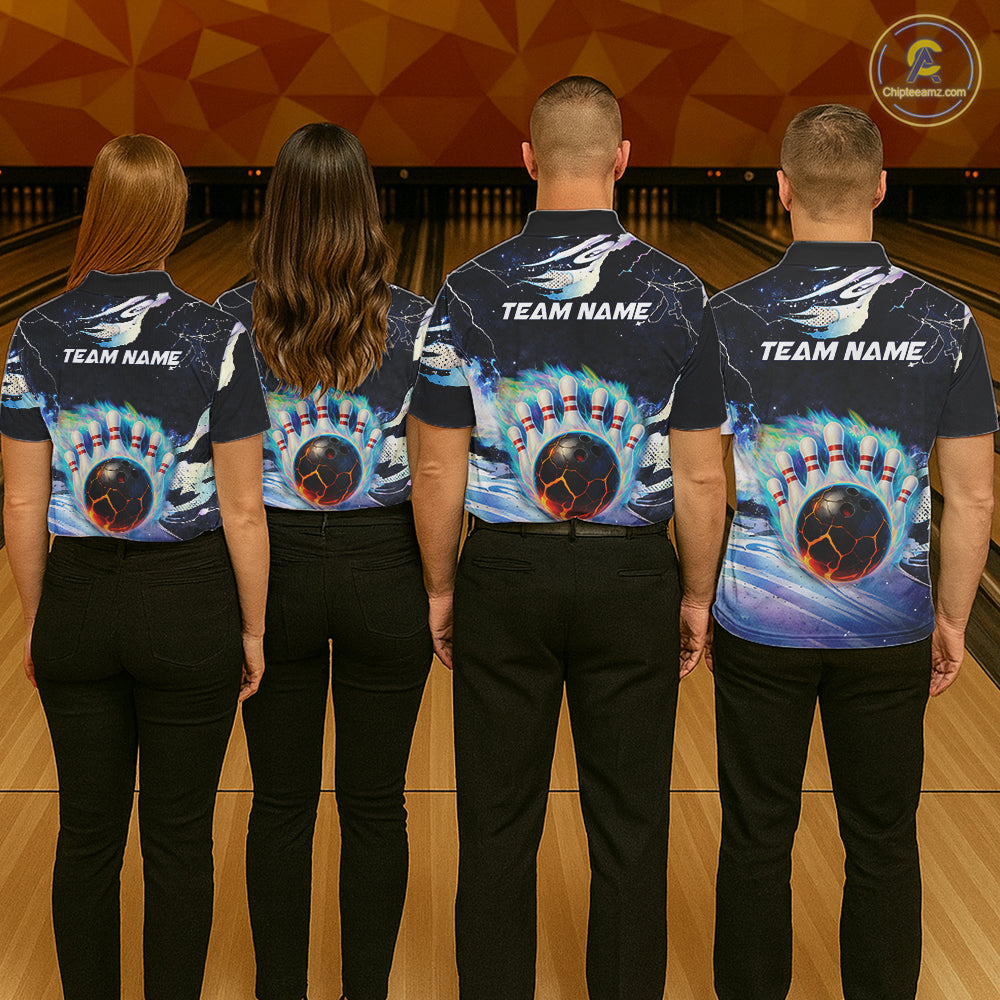 Blue hologram flame Bowling polo, 1/4 zip Shirts for Women Custom Bowling Team jerseys NQS11295