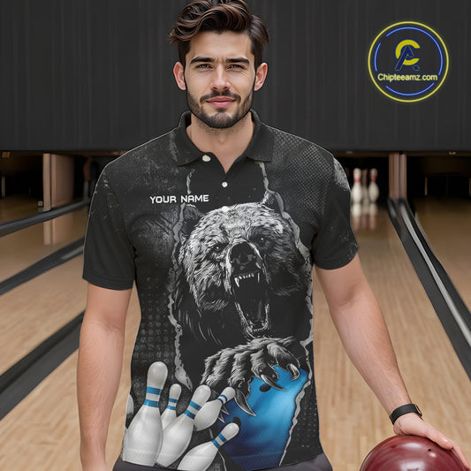 Blue and Black Bear grunge Custom Men Bowling Polo, Quarter Zip Shirts Bowling Team Jerseys Outfits NQS10166