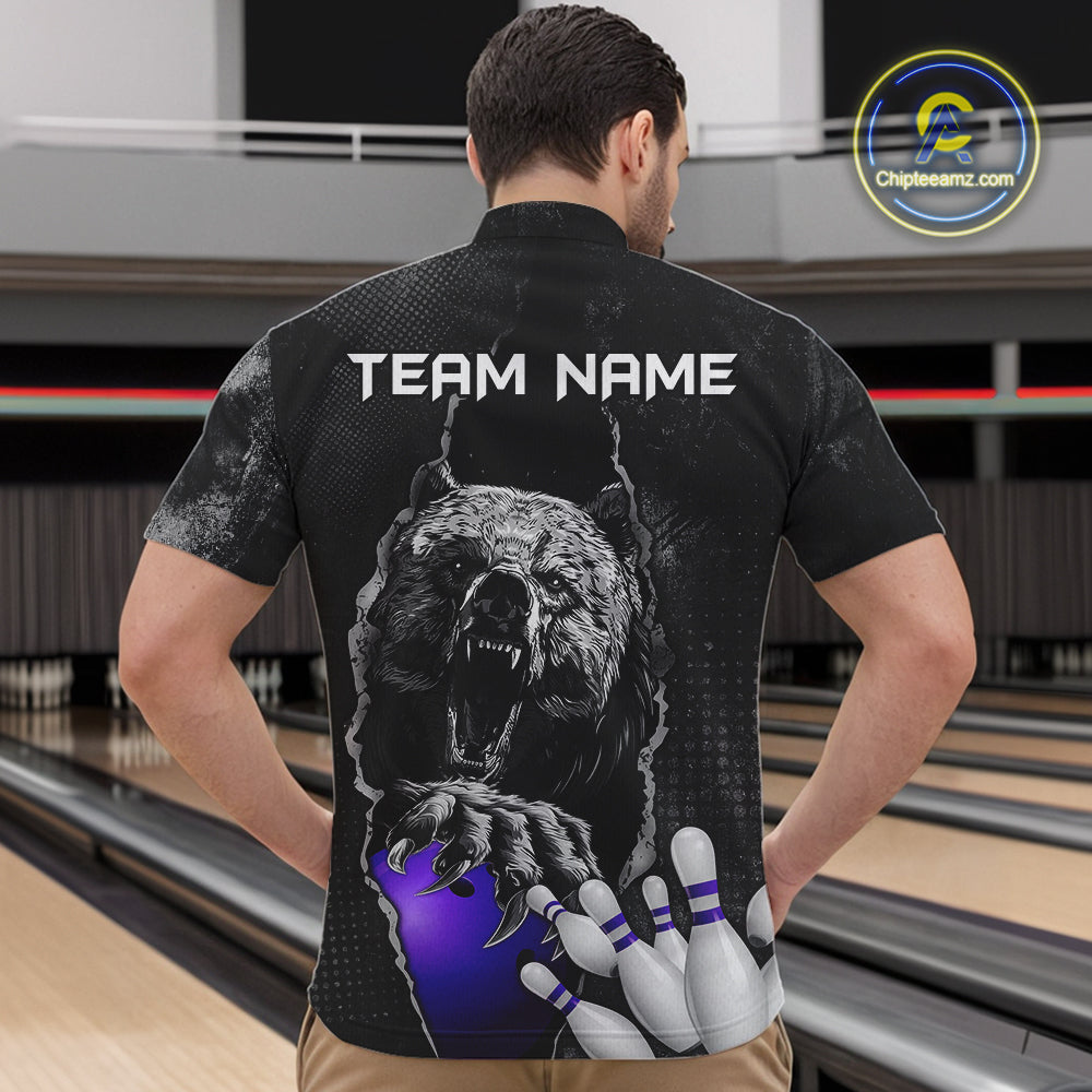 Purple and Black Bear grunge Custom Men Bowling Polo, Quarter Zip Shirts Bowling Team Jerseys Outfits NQS10167