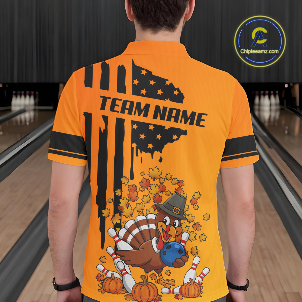 Personalized American Flag Turkey Autumn Bowling Shirts For Men, Thanksgiving Bowling Team Uniform NQS10721