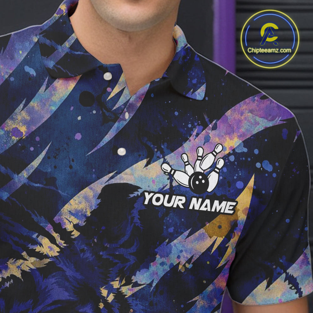 Blue and Purple watercolor Tiger Bowling Polo, Quarter Zip Shirt For Men Custom bowling Team outfit NQS11308