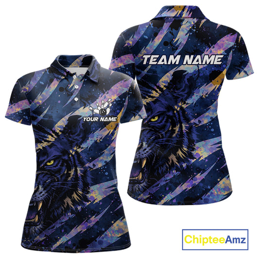 Blue and Purple watercolor Tiger Bowling Polo, Quarter Zip Shirt For Women Custom bowling Team outfit NQS11308