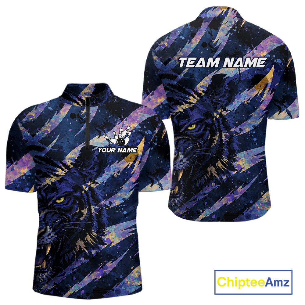 Blue and Purple watercolor Tiger Bowling Polo, Quarter Zip Shirt For Men Custom bowling Team outfit NQS11308