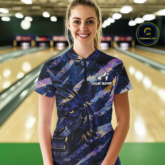 Blue and Purple watercolor Tiger Bowling Polo, Quarter Zip Shirt For Women Custom bowling Team outfit NQS11308