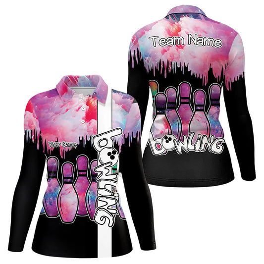 Black and Pink watercolor Bowling Polo, Quarter Zip Shirts For Women Custom Bowling Jersey Team Outfit NQS9593
