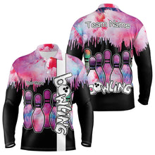 Load image into Gallery viewer, Black and Pink watercolor Bowling Polo, Quarter Zip Shirts For Men Custom Bowling Jersey Team Outfit NQS9593