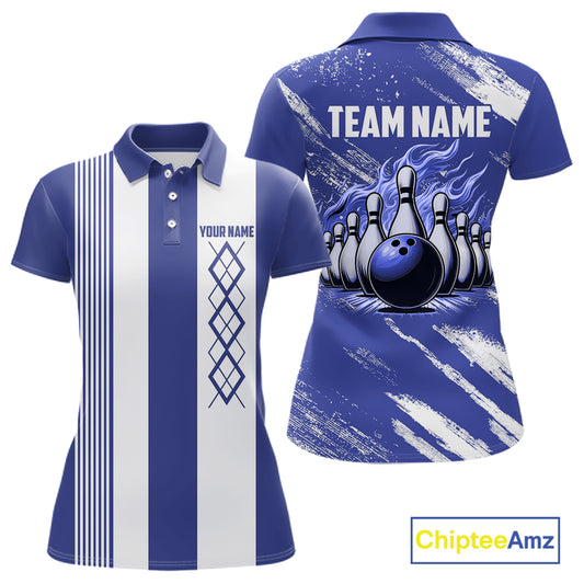 Blue and White Argyle Flame bowling Women Polo, 1/4 Quarter Zip Shirts Custom bowling team jerseys NQS11312