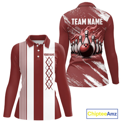 Red and White retro Argyle Flame bowling Women Polo, 1/4 Quarter Zip Shirt Custom bowling team jersey NQS11313
