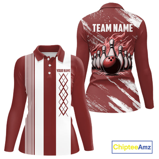 Red and White retro Argyle Flame bowling Women Polo, 1/4 Quarter Zip Shirt Custom bowling team jersey NQS11313
