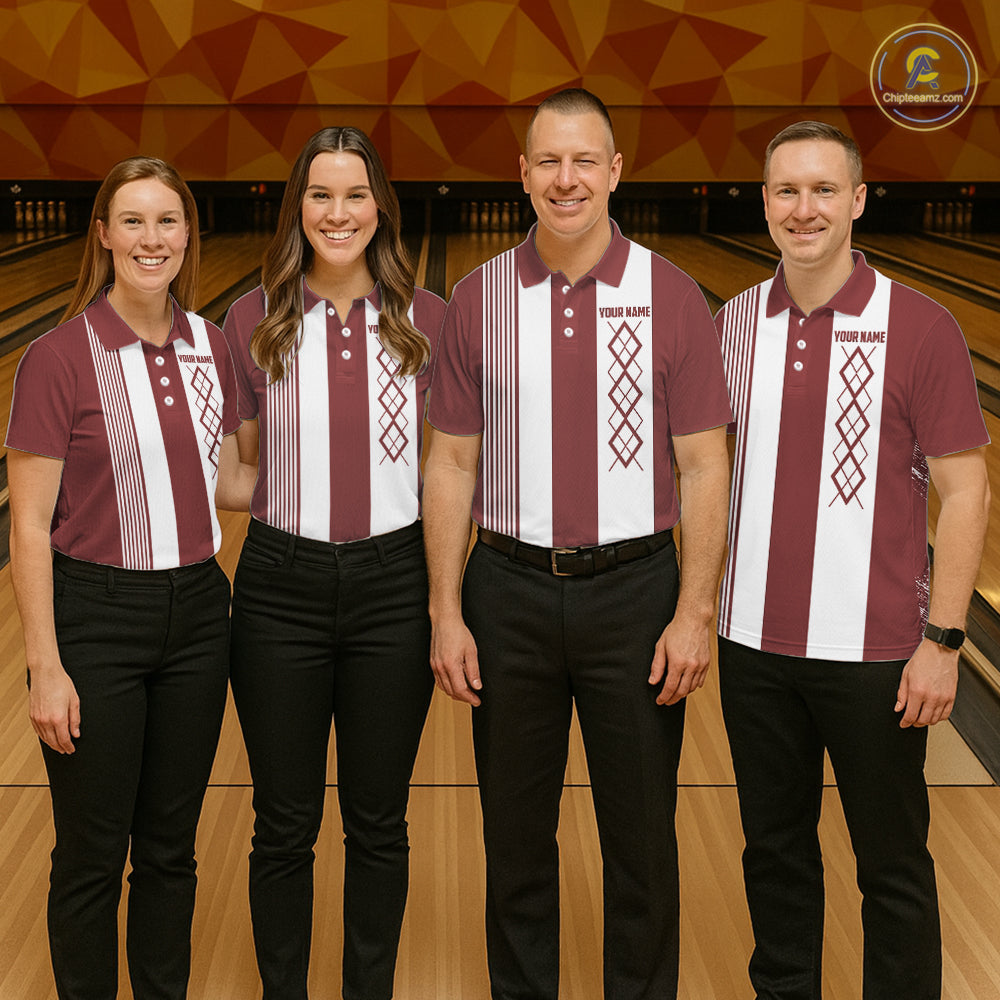 Red and White retro Argyle Flame bowling Men Polo, 1/4 Quarter Zip Shirts Custom bowling team jerseys NQS11313