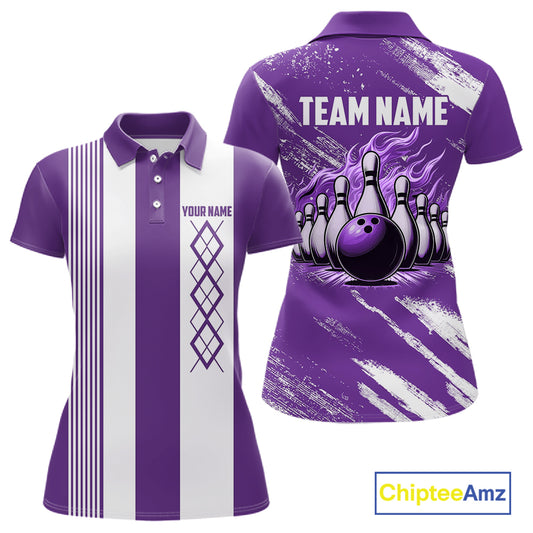 Purple & White retro Argyle Flame bowling Women Polo, 1/4 Zip Shirts Custom bowling team jersey NQS11314