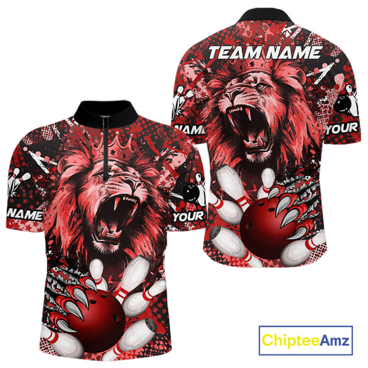 Red Camo Lion roar Bowling Polo, Quarter Zip Shirts for Men Custom Lion Bowling Team jerseys NQS11523