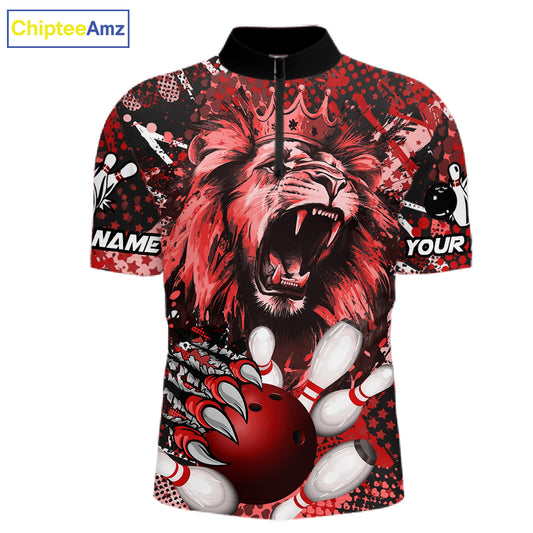 Red Camo Lion roar Bowling Polo, Quarter Zip Shirts for Men Custom Lion Bowling Team jerseys NQS11523