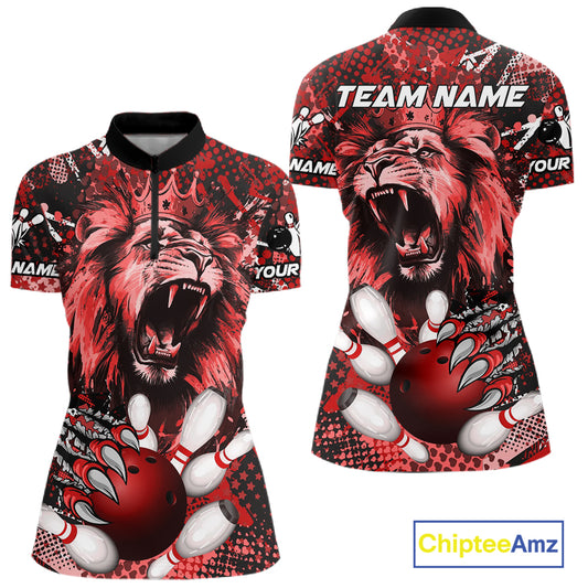 Red Camo Lion roar Bowling Polo, Quarter Zip Shirts for Women Custom Lion Bowling Team jerseys NQS11523