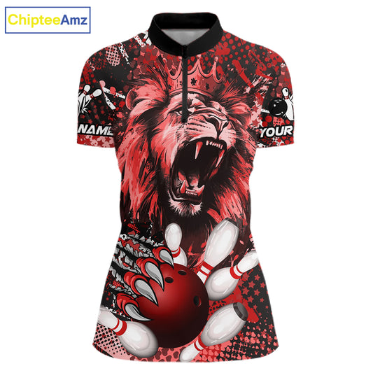 Red Camo Lion roar Bowling Polo, Quarter Zip Shirts for Women Custom Lion Bowling Team jerseys NQS11523