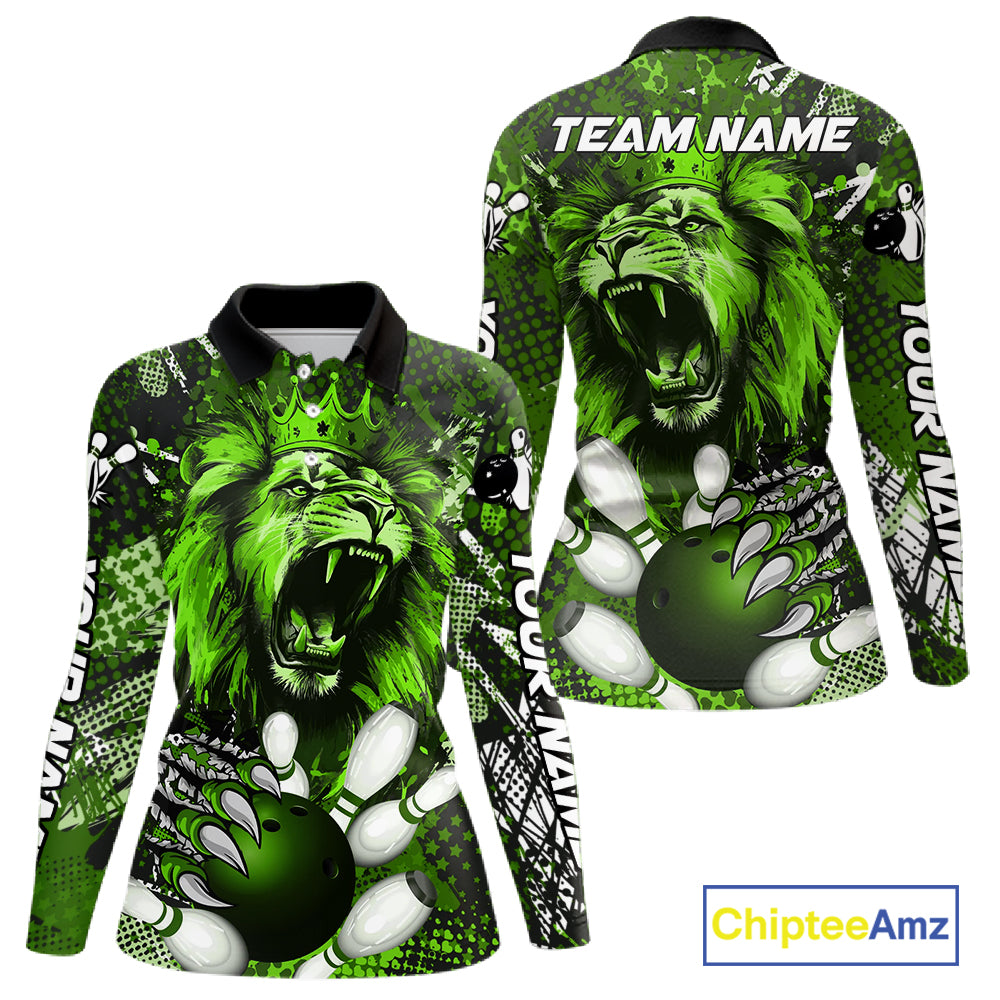 Green Camo Lion roar Bowling Polo, Quarter Zip Shirts for Women Custom Lion Bowling Team jerseys NQS11524