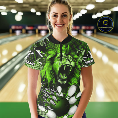 Green Camo Lion roar Bowling Polo, Quarter Zip Shirts for Women Custom Lion Bowling Team jerseys NQS11524