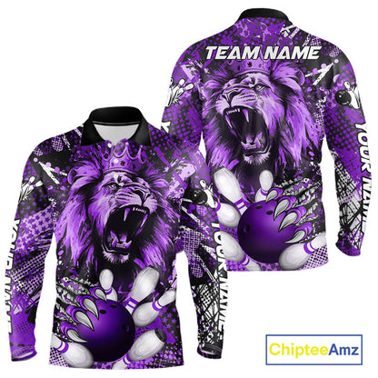 Purple Camo Lion roar Bowling Polo, Quarter Zip Shirts for Men Custom Lion Bowling Team jerseys NQS11525