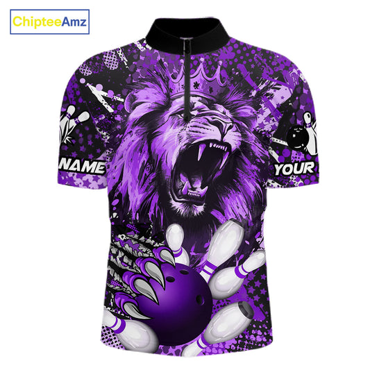 Purple Camo Lion roar Bowling Polo, Quarter Zip Shirts for Men Custom Lion Bowling Team jerseys NQS11525