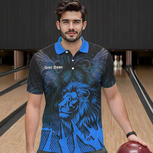 Black and Blue Lion Bowling Polo, Quarter Zip Shirts For Men Custom Team Lion Bowling Jerseys NQS9596