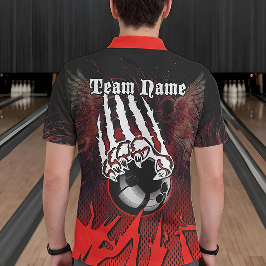 Black and Red Lion Bowling Polo, Quarter Zip Shirts For Men Custom Team Lion Bowling Jerseys NQS9598