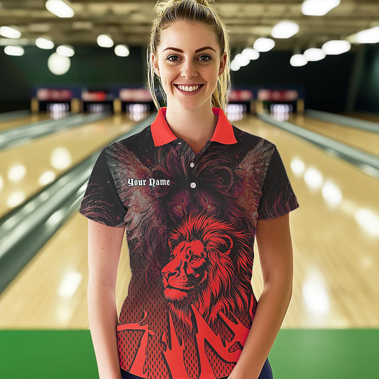 Black and Red Lion Bowling Polo, Quarter Zip Shirts For Women Custom Team Lion Bowling Jerseys NQS9598