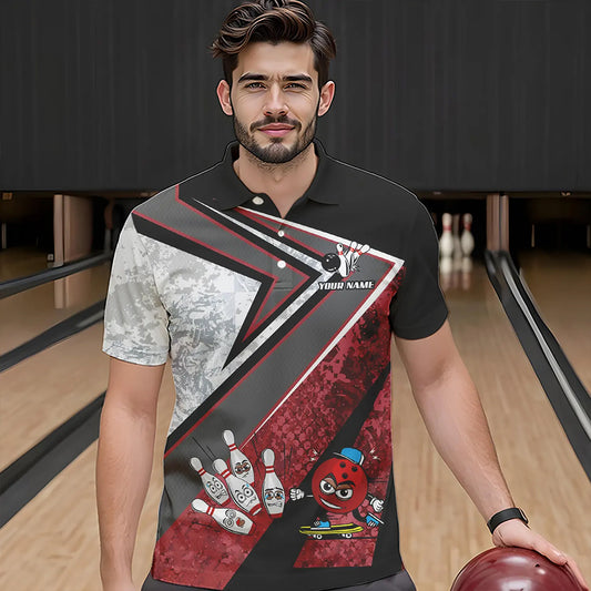 Funny Bowling ball and Pins Mens bowling shirt Custom Camo Bowling Team Jersey, gift for Bowler | Red NQS9604