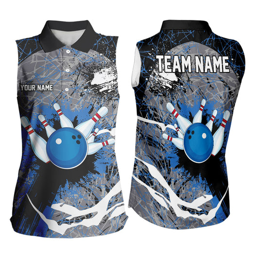 Personalized Black And Blue Camo Bowling Sleeveless Polo Shirt Custom Bowling Team Shirts NQS9746