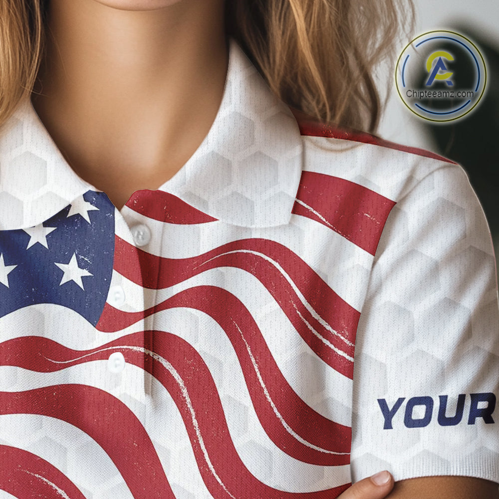 Red, White and Blue American Flag Women golf polo shirts custom women's patriotic golf apparel NQS10169