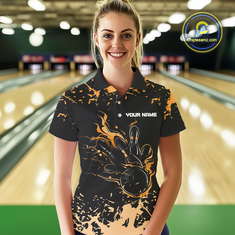 Personalized Black and Orange Bowling Shirts For Women, Bowling Balls And Pins Bowling Team Shirts NQS10743