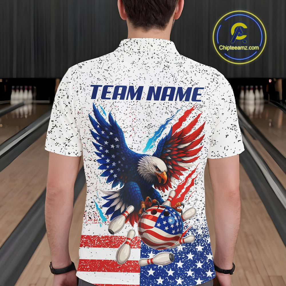 Grunge American Flag Eagle Bowling Polo, 1/4 Zip Shirt For Men Custom patriotic Team Bowling jerseys NQS11327