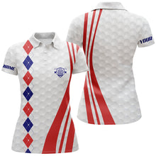 Load image into Gallery viewer, Women golf polo shirt custom red, white and blue argyle golf ball skin patriot golf gifts for women NQS5825