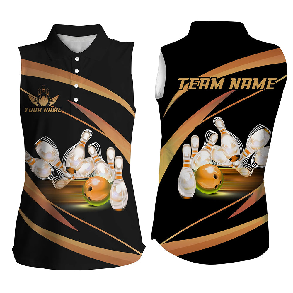 Personalized Black And Gold Bowling Sleeveless Polo Shirts, Custom Team Bowling League Jerseys NQS8347