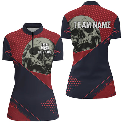 Personalized Red and navy Skull Bowling Shirts For Women, Bowling team League Jerseys NQS8352