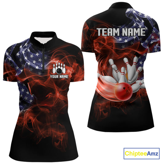 Personalized US Flag Smoke Bowling Shirts For Women Custom Patriotic Team Bowling Jerseys NQS11136