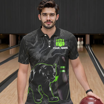 Black Camo Panther Green Flame Bowling Polo, 1/4 Zip Shirts For Men Custom Bowling Team League Jersey NQS9442