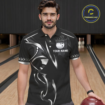 Black and Silver crown Bowling ball Polo, Quarter Zip Shirts for Men Custom Bowling Team jerseys NQS10537