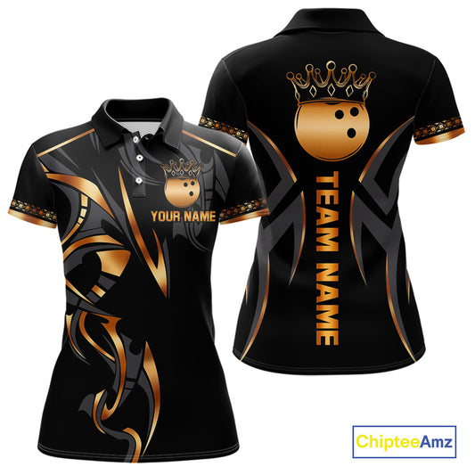 Black and Orange crown Bowling ball Polo, Quarter Zip Shirts for Women Custom Bowling Team jerseys NQS10538
