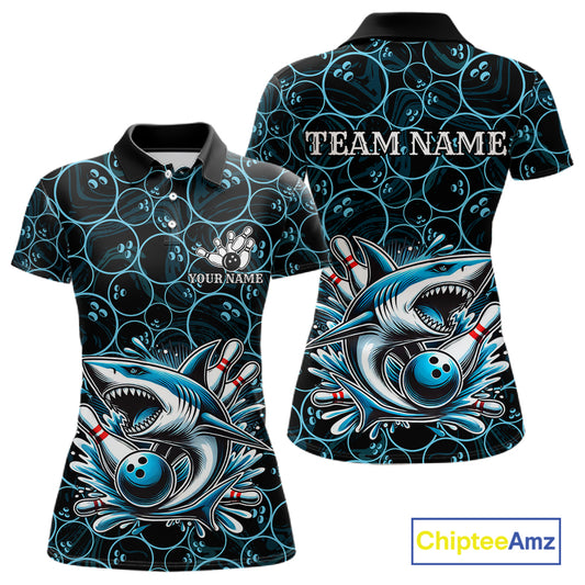 Black and Blue Camo Shark Bowling Polo, Quarter Zip Shirt For Women Custom Team Shark Bowling jerseys NQS11338