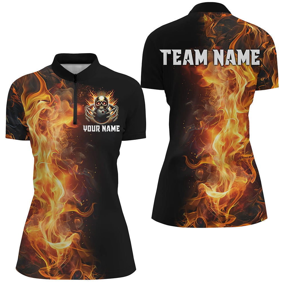 Flame Skull Black Bowling Shirts For Women Custom Team Bowling Jerseys, gift for bowlers NQS8369