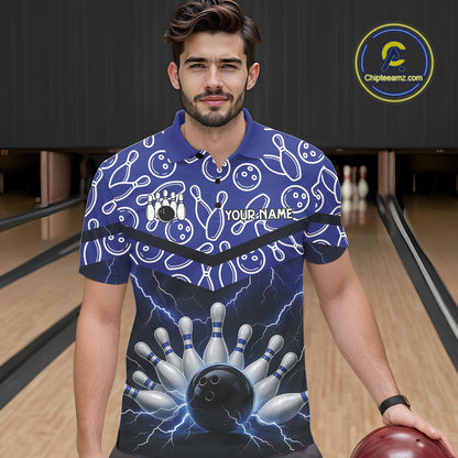 Blue camo Lightning Thunder Bowling Shirts For Men Custom Team Quarter Zip, Polo style bowling shirts NQS10962