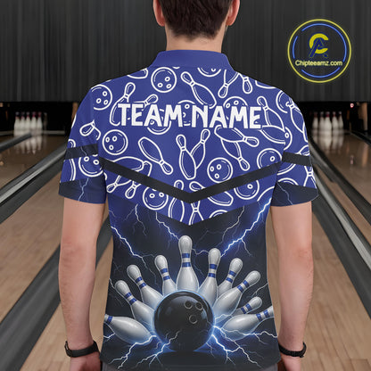 Blue camo Lightning Thunder Bowling Shirts For Men Custom Team Quarter Zip, Polo style bowling shirts NQS10962