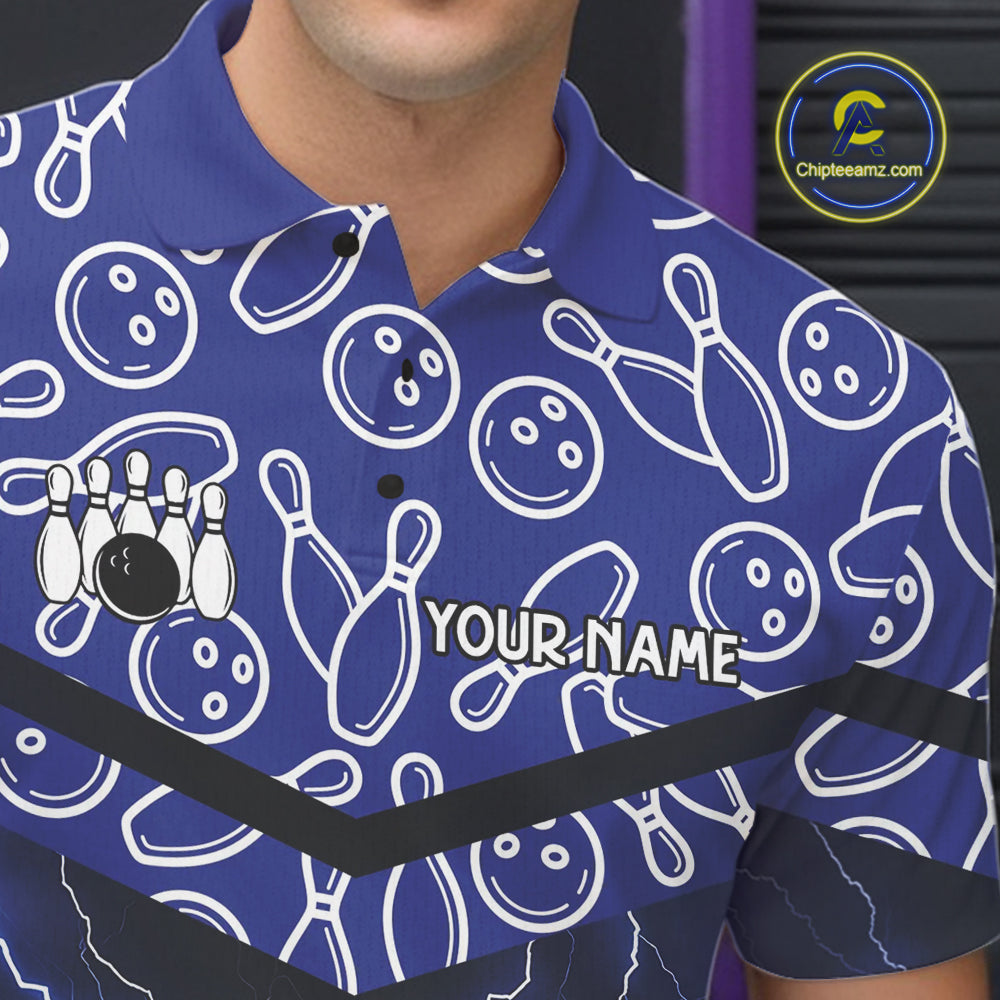 Blue camo Lightning Thunder Bowling Shirts For Men Custom Team Quarter Zip, Polo style bowling shirts NQS10962