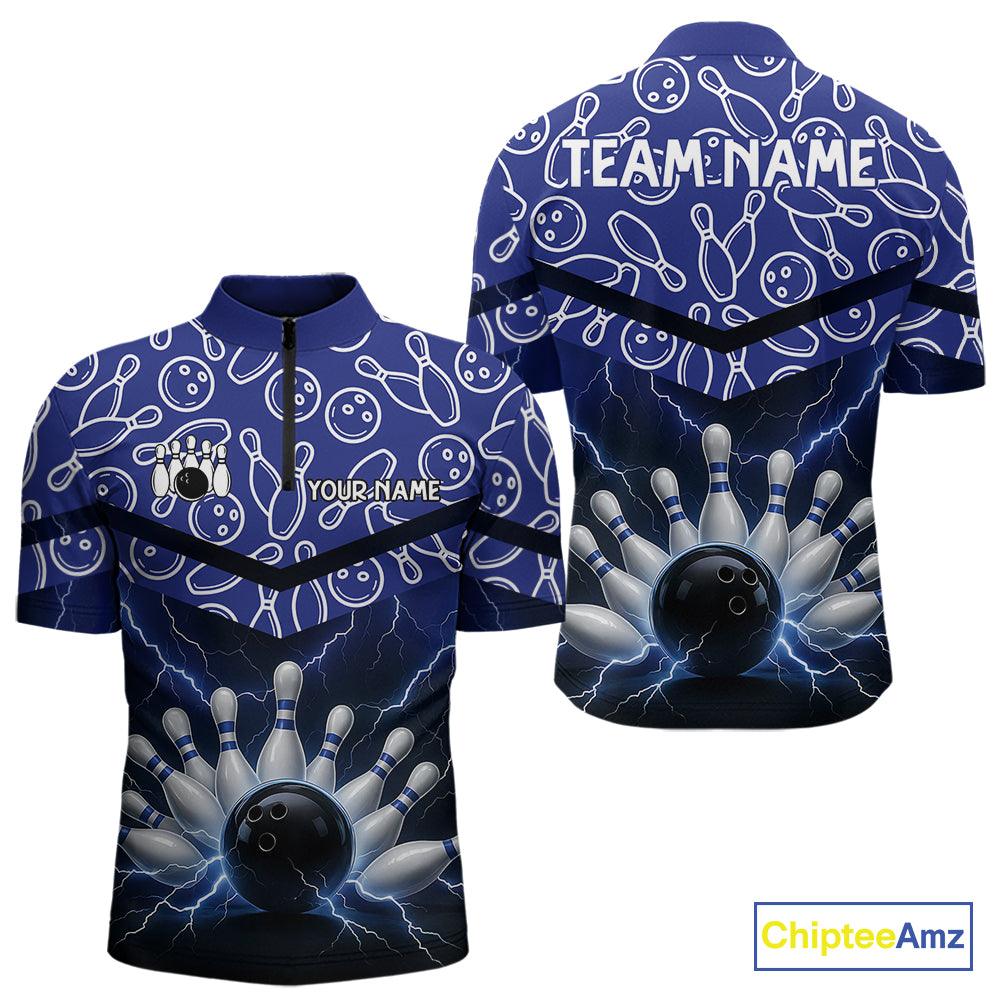 Blue camo Lightning Thunder Bowling Shirts For Men Custom Team Quarter Zip, Polo style bowling shirts NQS10962
