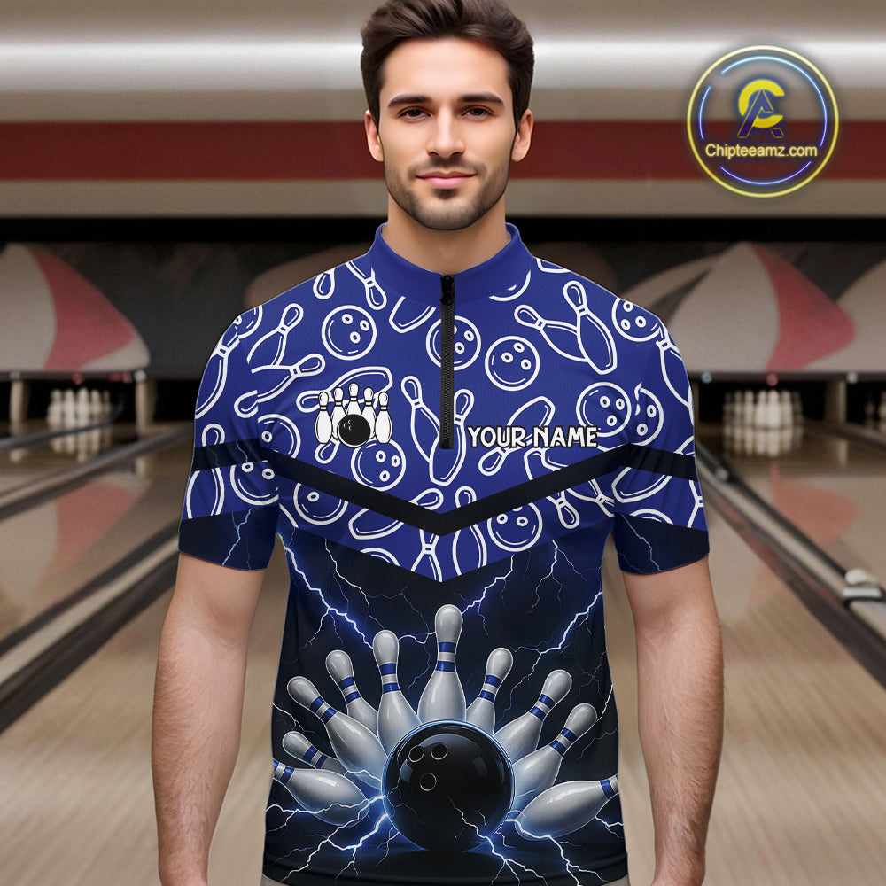 Blue camo Lightning Thunder Bowling Shirts For Men Custom Team Quarter Zip, Polo style bowling shirts NQS10962