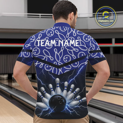 Blue camo Lightning Thunder Bowling Shirts For Men Custom Team Quarter Zip, Polo style bowling shirts NQS10962